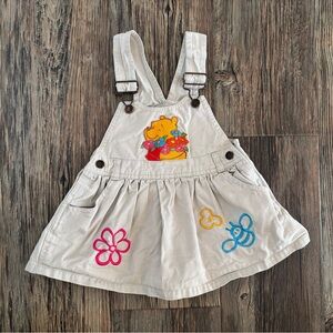Y2K Disney Pooh 100 Acre Collection Khaki Overall Dress Girls 3T Flowers Bee